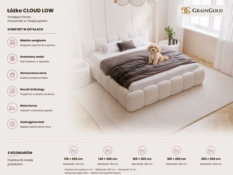 Łóżko tapicerowane bez pojemnika ze stelażem 120x200 Cloud Low Beżowe ciemne